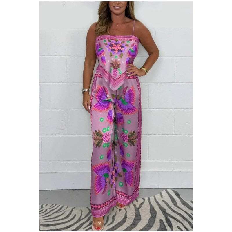 Conjunto 2 Piezas Estampado | Top con Tirantes y Pantalón Wide Leg