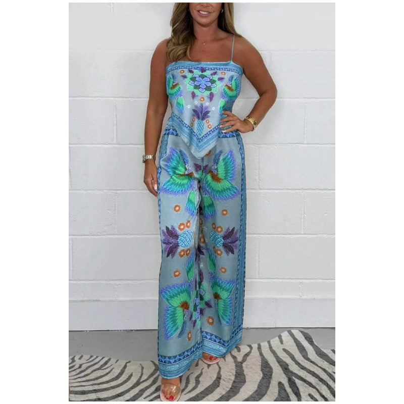 Conjunto 2 Piezas Estampado | Top con Tirantes y Pantalón Wide Leg