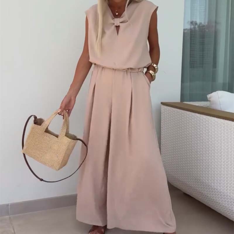 Conjunto 2 piezas top sin mangas escote en V y pantalón wide leg para mujer
