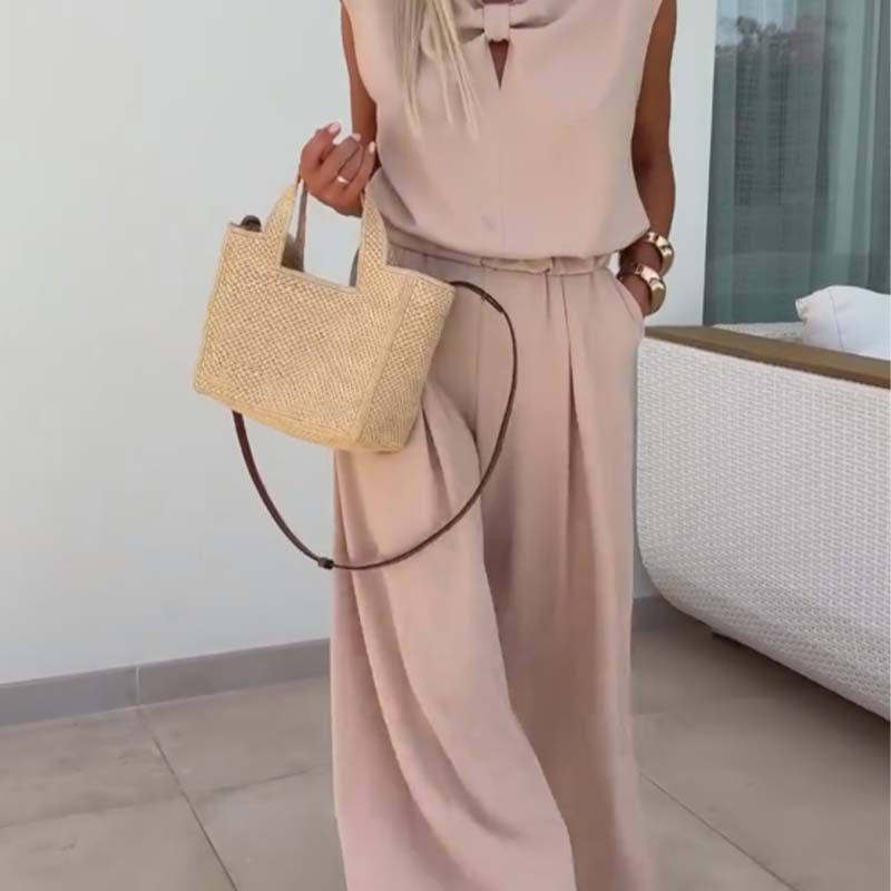 Conjunto 2 piezas top sin mangas escote en V y pantalón wide leg para mujer