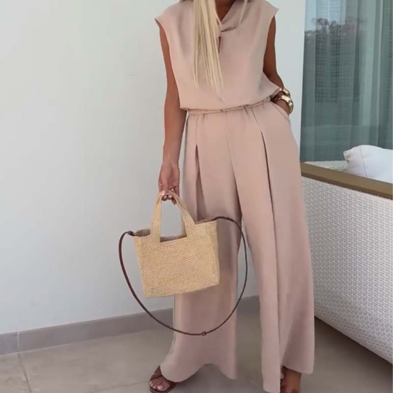 Conjunto 2 piezas top sin mangas escote en V y pantalón wide leg para mujer