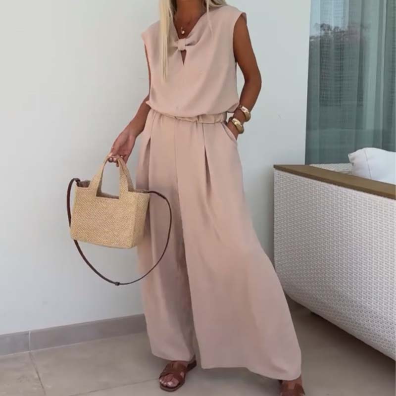 Conjunto 2 piezas top sin mangas escote en V y pantalón wide leg para mujer