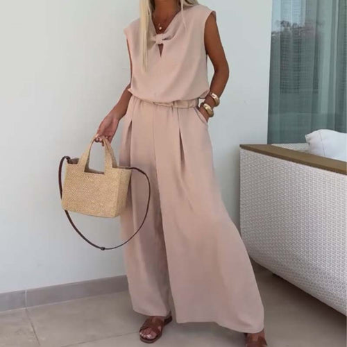 Conjunto 2 piezas top sin mangas escote en V y pantalón wide leg para mujer
