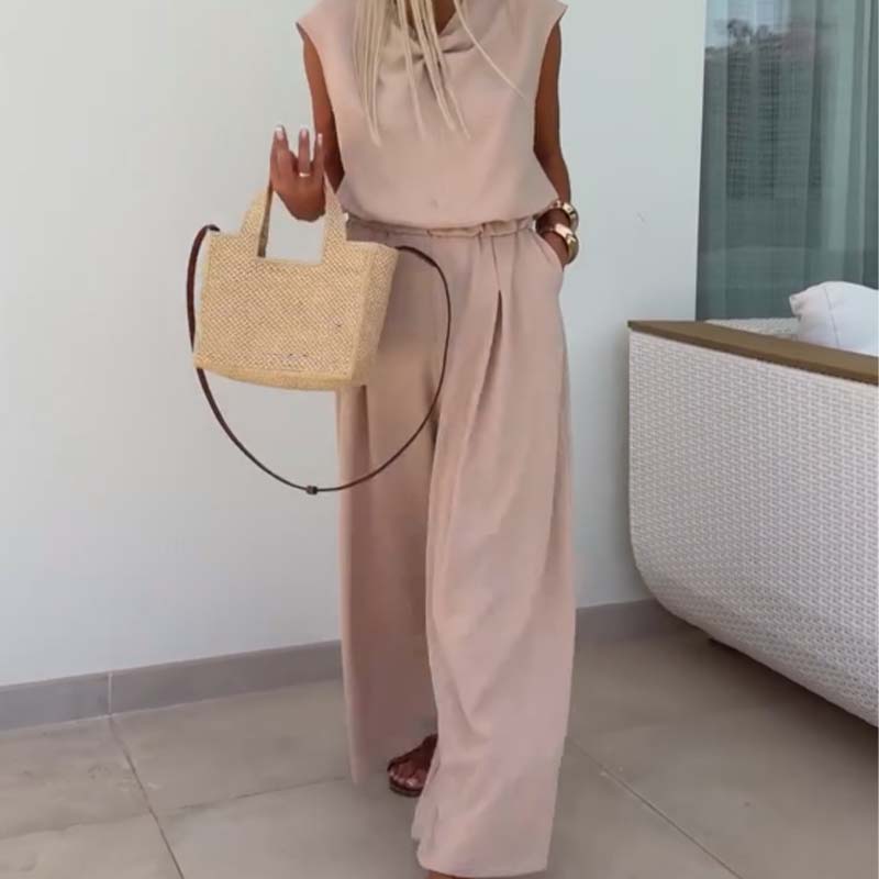 Conjunto 2 piezas top sin mangas escote en V y pantalón wide leg para mujer