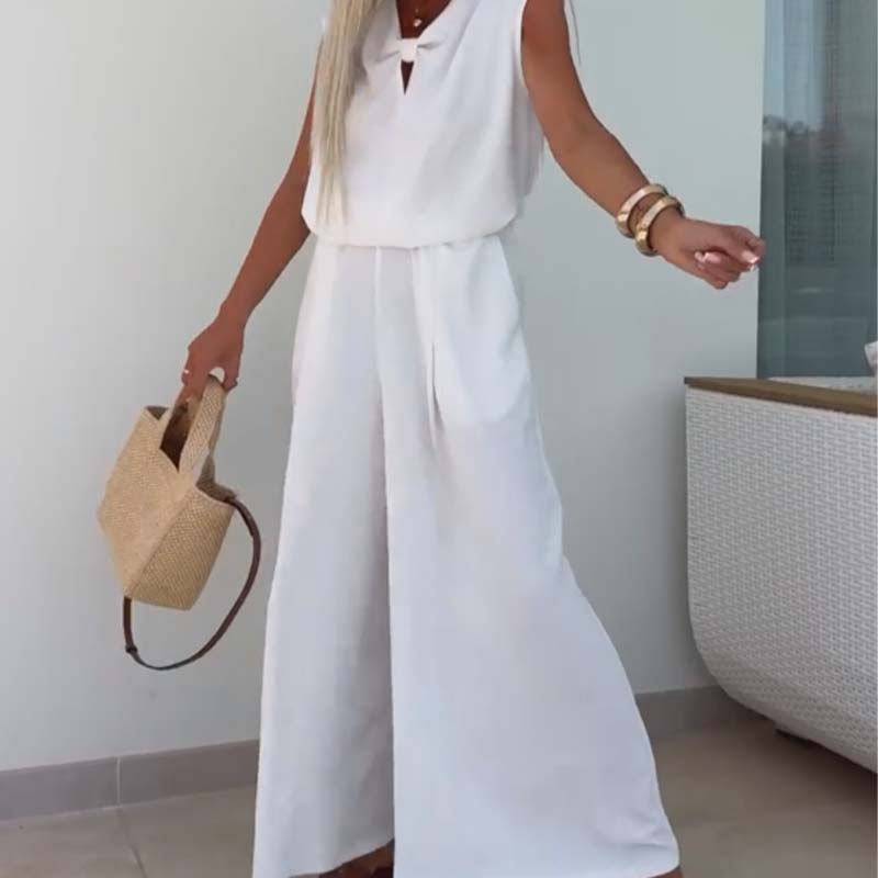Conjunto 2 piezas top sin mangas escote en V y pantalón wide leg para mujer