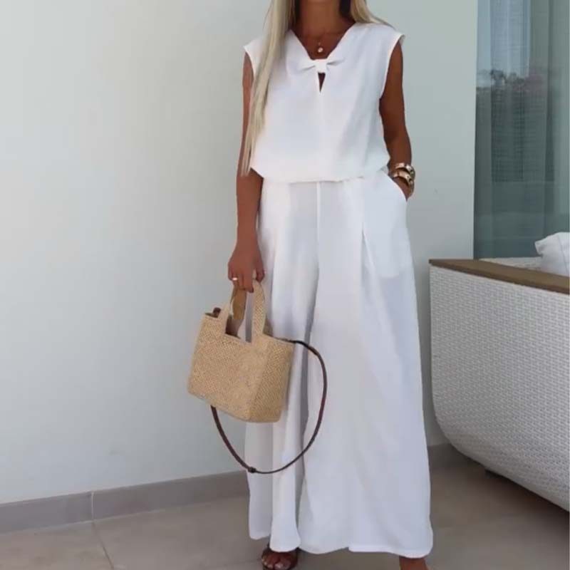 Conjunto 2 piezas top sin mangas escote en V y pantalón wide leg para mujer