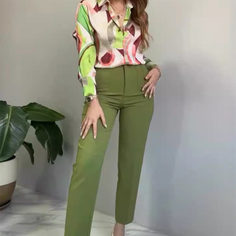 Conjunto 2 piezas camisa estampada y pantalón de botones para mujer