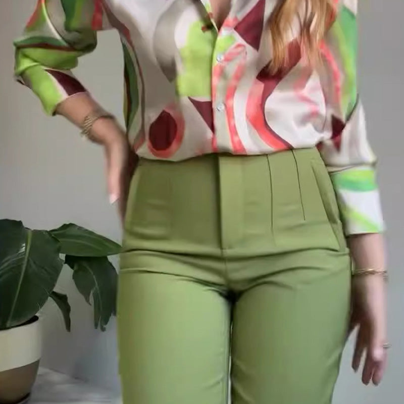 Conjunto 2 piezas camisa estampada y pantalón de botones para mujer