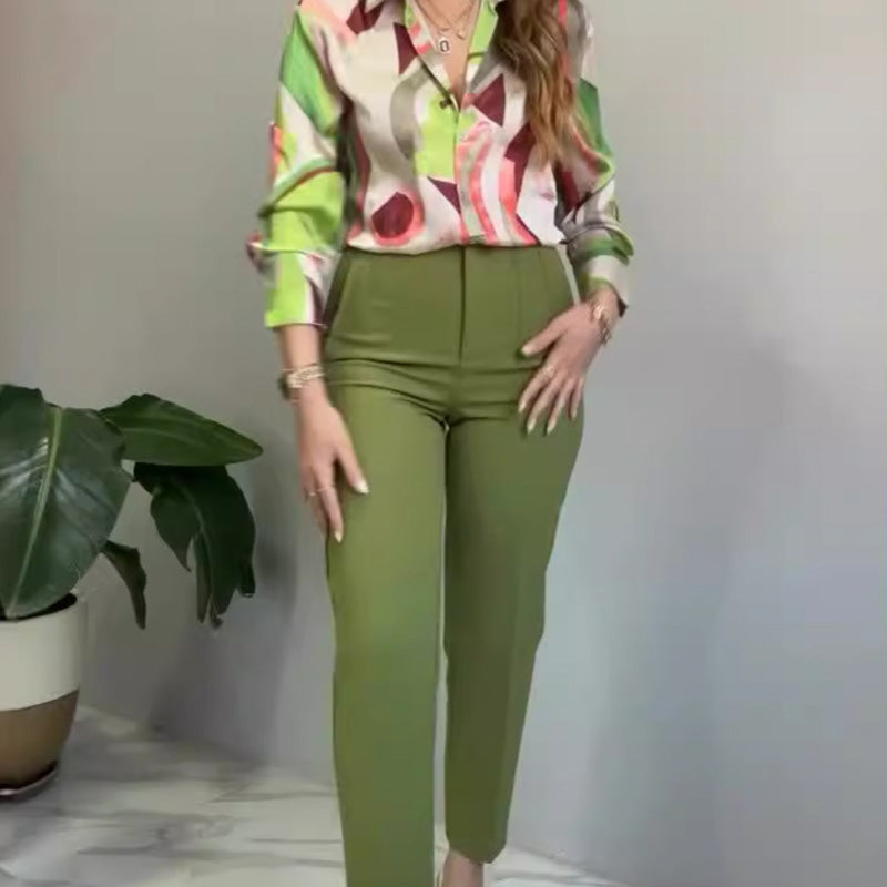 Conjunto 2 piezas camisa estampada y pantalón de botones para mujer