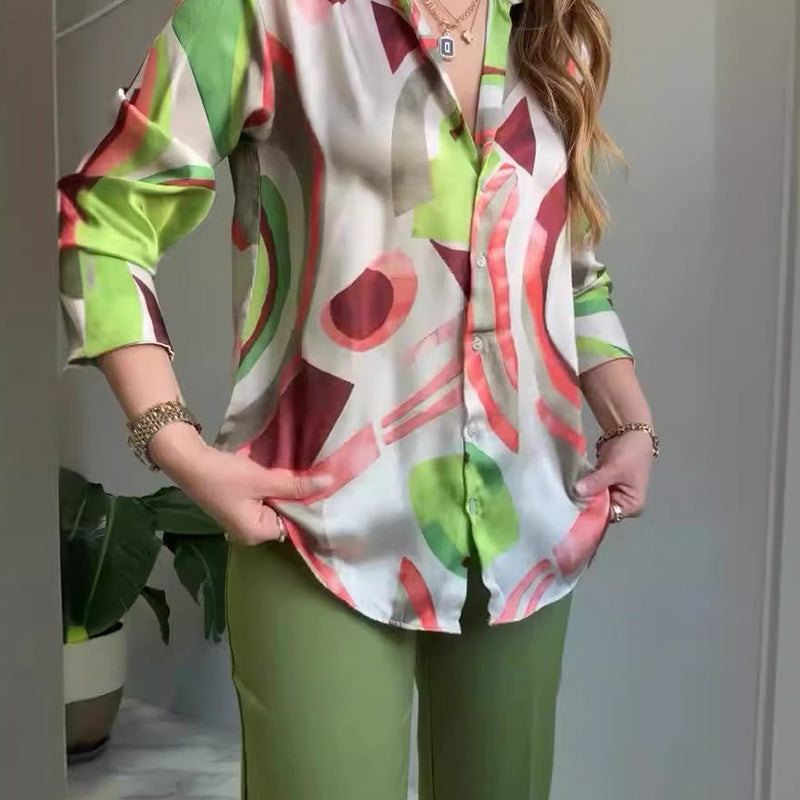 Conjunto 2 piezas camisa estampada y pantalón de botones para mujer