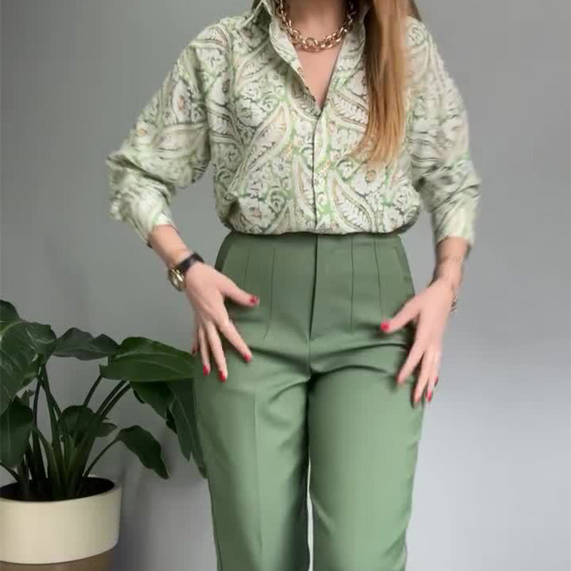 Conjunto 2 piezas camisa estampada y pantalón de botones para mujer