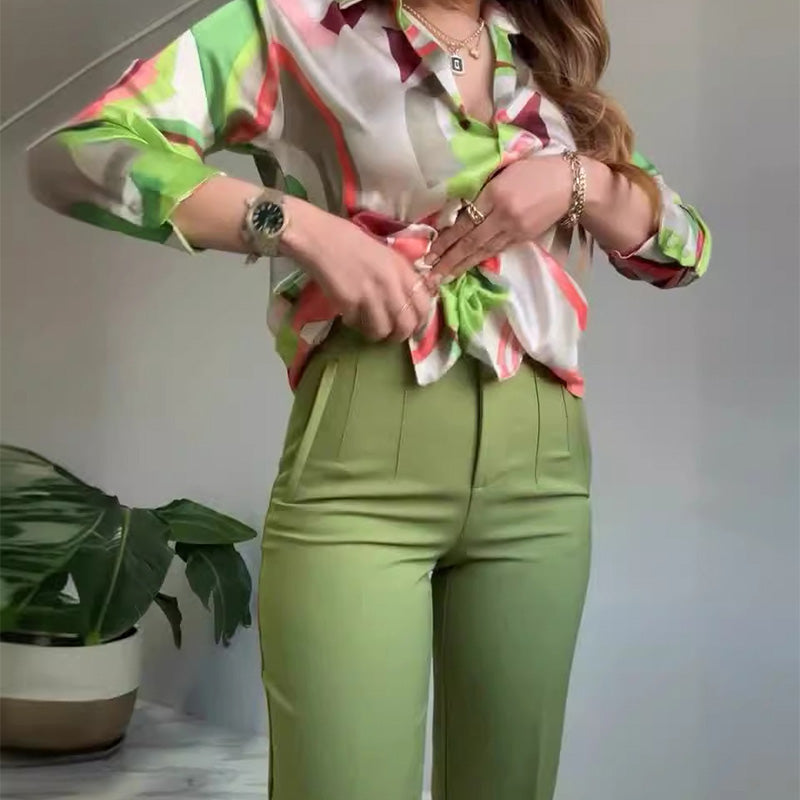 Conjunto 2 piezas camisa estampada y pantalón de botones para mujer