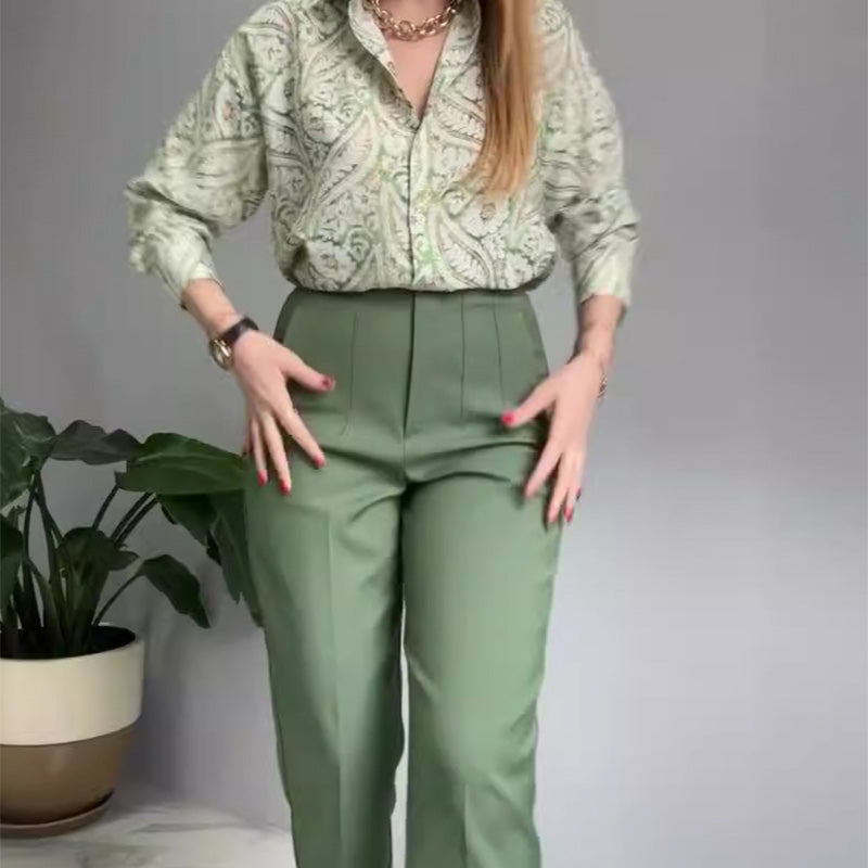 Conjunto 2 piezas camisa estampada y pantalón de botones para mujer